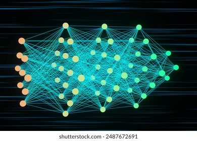Layers of glowing nodes interconnecting to next layer of neurons by bluish green lines on black background. 3D illustration of the concept of deep neural network and generative artificial intelligence