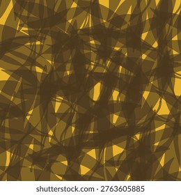 Layers of translucent strokes intertwine over a radiant golden backdrop, forming a dense, rhythmic abstraction.
The composition captures movement and tension, where light pierces through a web of organic, shadowed forms.
