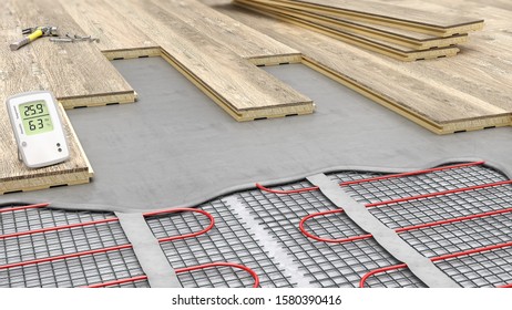 Laying Parquet Boards On Electrical Underfloor Heating, 3d Illustration