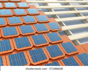 Laying Solar Shingles Or Tiles On The Roof House. 3d Illustration.