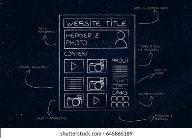 Layout Of A Blog With Example Sections And Content Being Explained By Comments With Arrows, Concept Of Learning How To Build A New Website