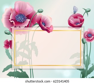 Layout design with poppy, frame. Feminine design for menu, flyer, card, invitation. Background for the invitation, shop, beauty salon, spa. Red poppies on a light green background. - Powered by Shutterstock