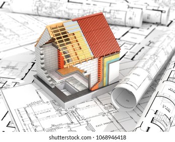 layout of the house on top of architectural drawings. Thermal insulation. 3d illustration