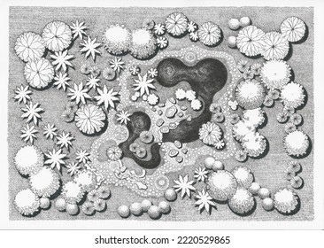 Layout Plan Of Home Landscape Design Or Garden Design Drawing By Black Marker Pen On White Paper, Black And White Style Presentation Of Planting And Pavement Design, Informal Or Natural Garden