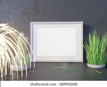 Layout poster frame, front view, with decor elements, flowers and empty space on a black background. 3d illustration