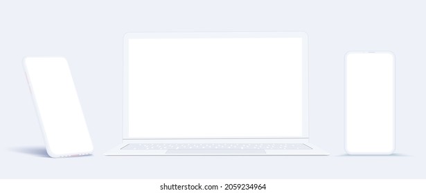 The layout is a template for a mobile phone and a laptop. A white phone in the rotated position with a blank screen for design. Snow-white, lightweight design of  phone and laptop.  illustration