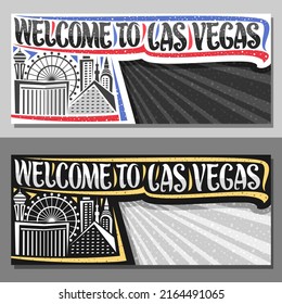 Layouts for Las Vegas with copy space, decorative sign board with illustration of skyscrapers and ferris wheel, creative typeface for words welcome to las vegas on rays of light background
