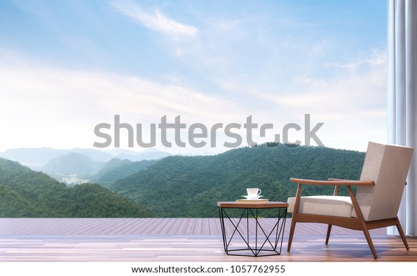 Lazy chair with mountain view\
3d render.The room has wooden floor.Furnished with wood and fabric\
furniture.Looking out to the terrace and mountains\
view.