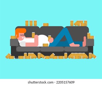 Lazy Man Lying On Couch Drinking Beer. Indolent Person Guy Is Lying On Sofa