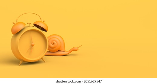 Lazy And Slow Snail Next To An Alarm Clock. Copy Space. 3D Illustration.