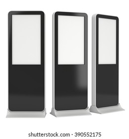 LCD Kiosk Stands with different angles. Black LCD Kiosk Trade Show Booth. 3d render isolated on white background. High Resolution Kiosk. Ad template for your expo design. Kiosk 3d Design