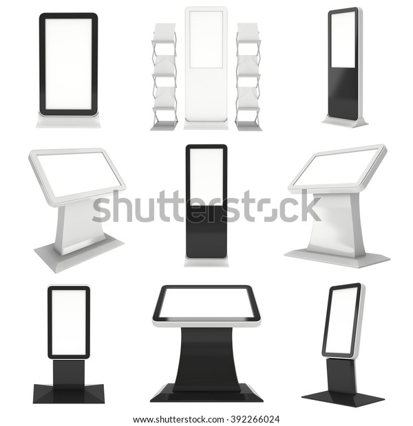 Lcd画面キオスクスタンドセット 空の展示会 ブースコレクション 白い背景に液晶画面の3dレンダリング 高解像度 Expoデザイン用の広告テンプレート のイラスト素材