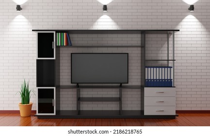 Lcd Tv On Showcase And Cabinet In The Livingroom.3d Rendering.	