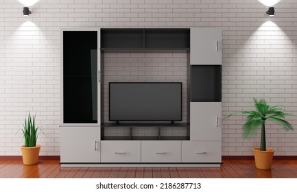 Lcd Tv On Showcase And Cabinet In The Livingroom.3d Rendering.	