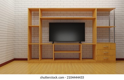 Lcd Tv On Wooden Showcase And Cabinet In The Livingroom.3d Rendering.