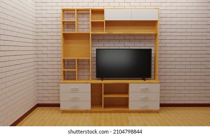 Lcd Tv On Wooden Showcase And Cabinet In The Livingroom.3d Rendering.