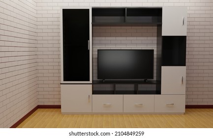 Lcd Tv On Wooden Showcase And Cabinet In The Livingroom.3d Rendering.