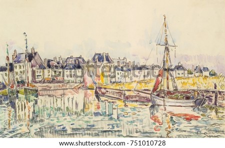 Le Croisic, by Paul Signac, 1928, French Post-Impressionist watercolor painting. Signac applied watercolor over a black crayon drawing in this townscape of the commune in western France