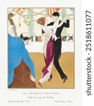 Le Frisson Nouveau: Robe de tango de Redfern by Ludwik Strimpl. Fashion woman illustration. Woman and man dancing, Vintage art nouveau fashion illustration, woman tango dancing fashion art print