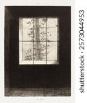 Le Jour (Day) (1891) by Odilon Redon. Vintage black and white art drawing illustration, old painting art print on paper. Dark room interior, view of a window drawing illustration.