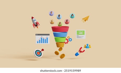 Lead generation, CRO, conversion rate optimization concept. Convert audience into sales. Inbound marketing strategy. 3D marketing funnel attracting audience