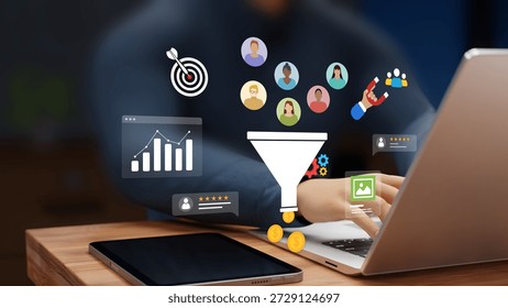Lead Generation Strategy. CRO, Conversation Rate Optimization, Customer Acquisition, Marketing Automation, Prospect Engagement, Sales Funnel. Businessman Analyzing Leads Generation Data on Laptop. 3D