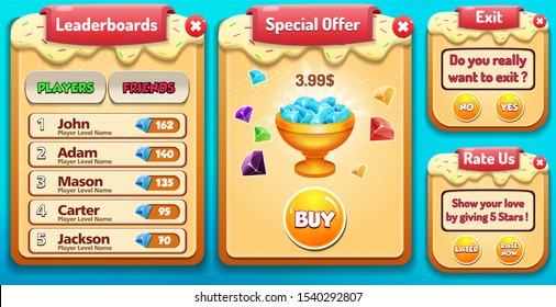 Leader boards, Special Offer, Exit and Rate Us  menu pop up with stars score and buttons GUI 
