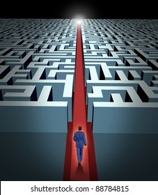 Leadership And Business Vision With Strategy In Corporate Challenges And Obstacles In A Maze With A Man In A Labyrinth With A Clear Solution Shortcut Path With A Red Velvet Carpet For Success.