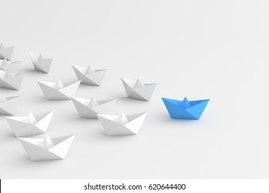 Leadership concept, blue leader boat leading whites. 3D Rendering