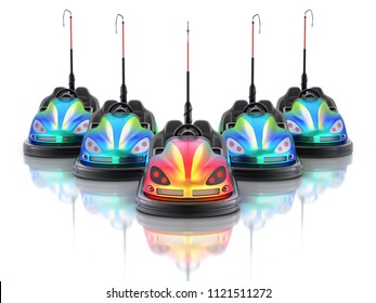 Leadership concept with electric bumper cars over white reflective background - 3d illustration