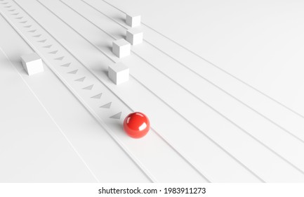 Leadership concept, One leader red sphere leads other boxes. Winning strategy in business, 3d render.