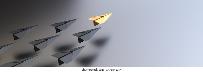 Leadership concept, yellow leader plane leading black planes, with empty space on right side. 3D Rendering