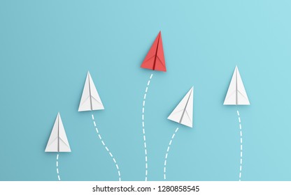 leadership or different concept with red and white paper airplane path and route line on blue background. Digital craft in education or travel concept. Mock up design. 3d abstract illustration - Shutterstock ID 1280858545