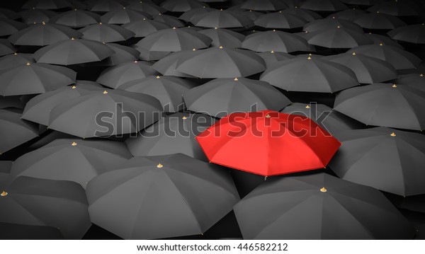 Leadership or\
distinction concept. Red umbrella and many black umbrellas around.\
3D rendered\
illustration.