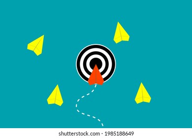 Leadership, effectivity, completion, reaching or achieving target or objective. Red paper plane landing on target, yellow planes off target.