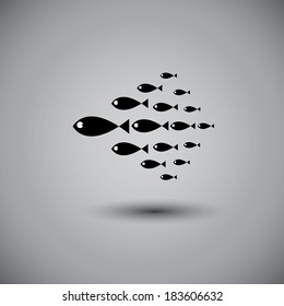 Leadership Graphic Concept - Leader Fish & Team Swimming Together. This Graphic Also Represents Positive Thinking, Team Spirit, Team Work, Manager & Employees, Boss & Workers, Team In Sync, Etc