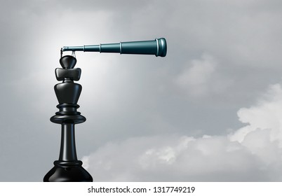 Leadership Outlook As A Businessman On A Chess King Piece Using A Telescope Looking Into The Distance As A Concept For Vision And Career With 3D Illustration Elements.