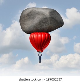 Leadership power and business challenges concept as a businessman piloting a red hot air balloon with a huge heavy rock slowing the rise as an obstacle to career and financial success. - Powered by Shutterstock