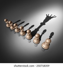 Leadership search and business recruitment concept as a group of pawn chess pieces and one individual standing out with a king crown cast shadow as a metaphor for the chosen one.