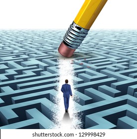 Leadership Solutions With A Businessman Walking Through A Complicated Maze Opened Up By A Pencil Eraser As A Business Concept Of Innovative Thinking For Financial Success.