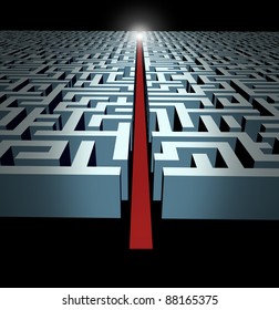 Leadership And Strategy Through Business Challenges And Obstacles Represented By A Maze And Labyrinth With A Clear Solution Shortcut Path Opened With A Red Velvet Carpet For   Success And Victory.