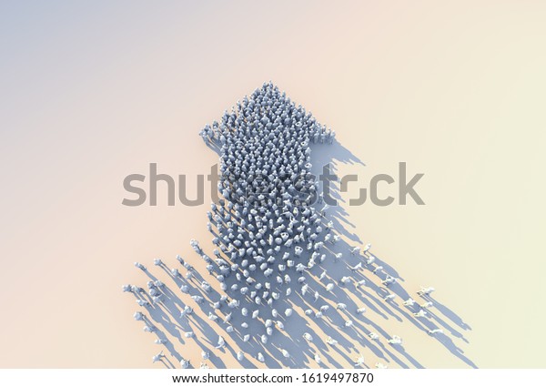 Leadership and successful business ideas\
concept 3d rendering of crowd 3d low polygon people arrow shape\
form walk together on white floor color tone\
image