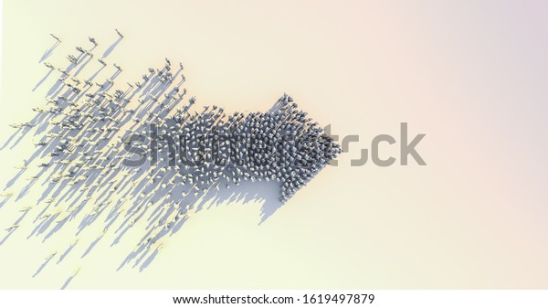 Leadership and successful business ideas\
concept 3d rendering of crowd 3d low polygon people arrow shape\
form walk together on white floor color tone\
image
