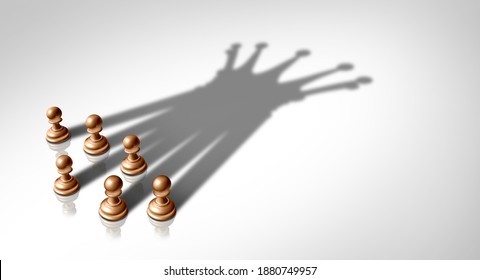 Leadership from teamwork and business team leader concept and group concept as organized company of chess pawn pieces joining forces and working together shaped as a king crown as a 3D render. 