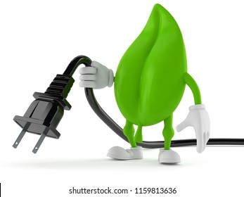Leaf character holding electric cable isolated on white background. 3d illustration