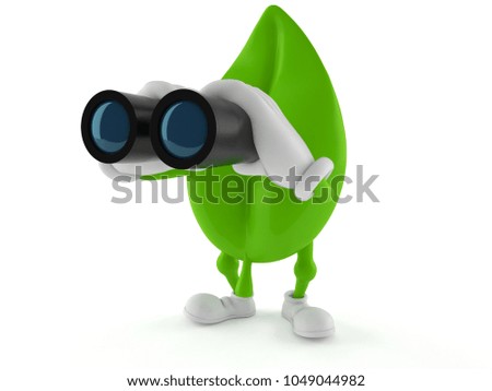 Leaf character looking through binoculars isolated on white background. 3d illustration