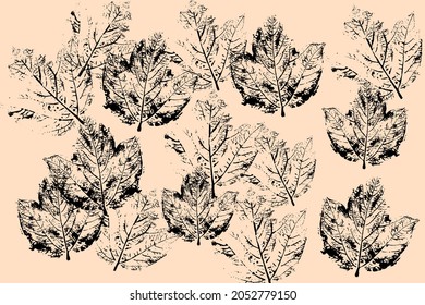 Leaf Impression, Black Prints, Beige Background. Wallpaper With Leaves.