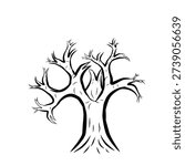Leafless old tree silhouette vector icon on white background, minimalist black natural design for logo and tattoo.