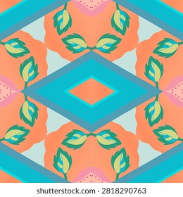 Leafy green patterns with geometric blue central elements