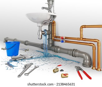 A Leaking Under The Sink Connected To Pipes, Water Drops Down, Repair Equipment Around, Isolated On White Background, Water Flow Concept, 3d Illustration